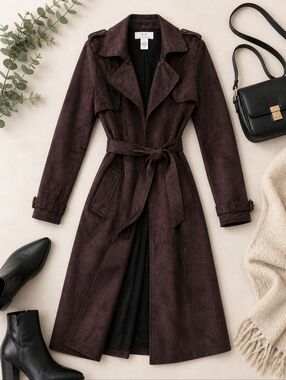 Magaschoni Faux Suede Trench Coat Burgundy Belted Long Jacket XS